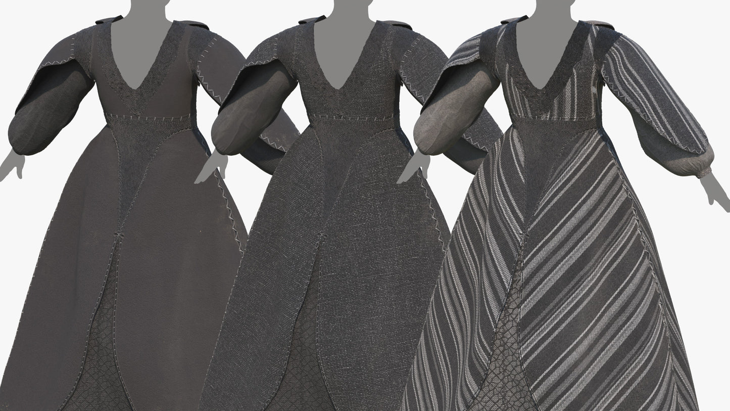 3D model of a medieval-fantasy dress, whale inspired design, rough materials and black colors, with low poly count and PBR textures, for Blender, OBJ, FBX and GBL
