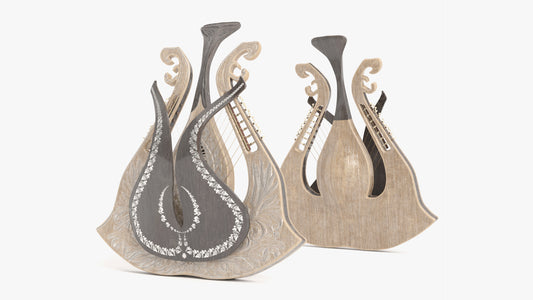 3D model of a Tranglar, a fantasy instrument played by the Tars, that resembles a double guitar with a reverberance cover. The model has low polycount and PBR textures and looks very realistic