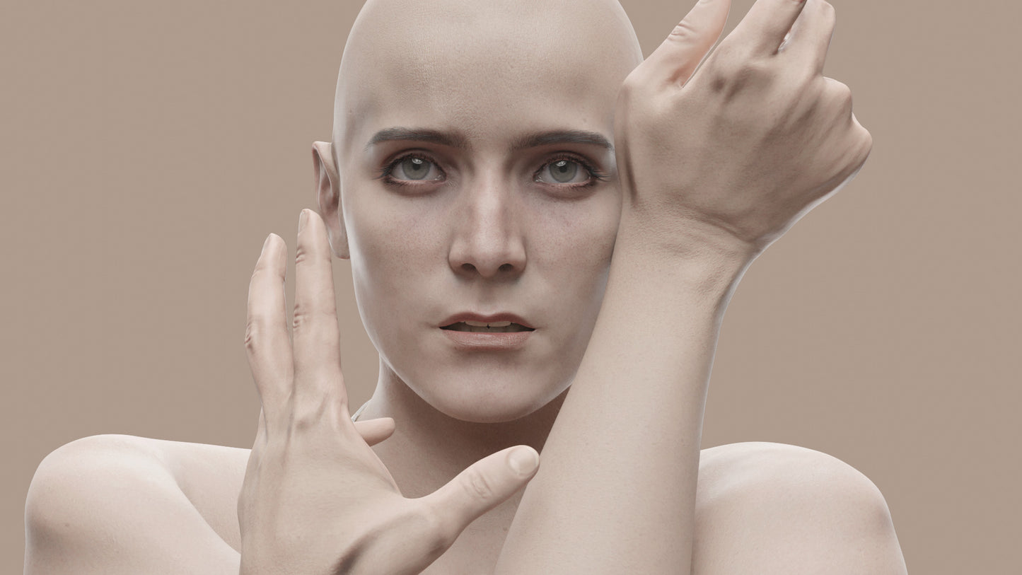 3d model of a beautiful young woman with light skin and grey eyes in a cool position with her face between her crossed wrists looking intense. The 3D model is lowpoly with PBR materials, perfect for realtime