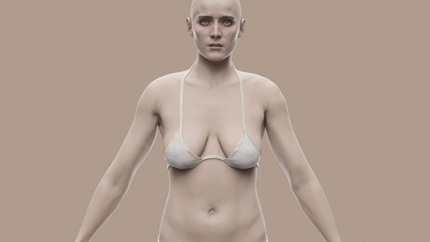 3d model of a beautiful young woman with light skin and grey eyes, standing defiant in an A pose. The 3D model is lowpoly with PBR materials, perfect for realtime