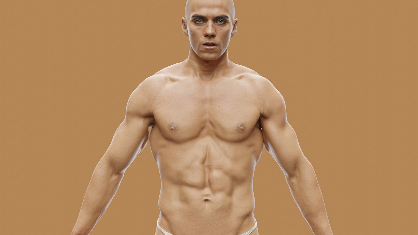 Realistic 3D character, real-time-low-poly, PBR, male, muscular, Blender, FBX, GLB, game asset, Transhuman4Blender