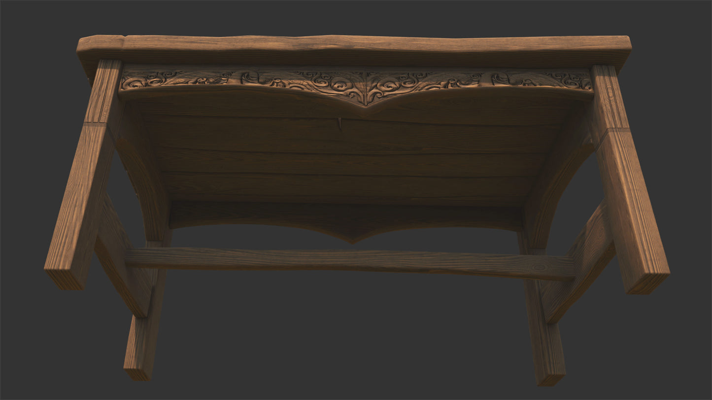 3d model of a table made of wood boards, with the legs and the front panel carved with motifs of sea monsters (whales and giant octopus). The model is lowpoly and PBR