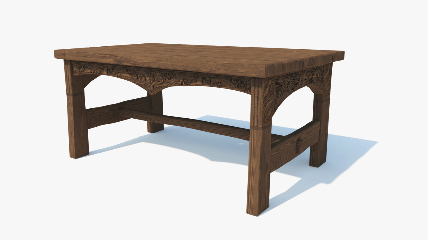 3d model of a table made of wood boards, with the legs and the front panel carved with motifs of sea monsters (whales and giant octopus). The model is lowpoly and PBR