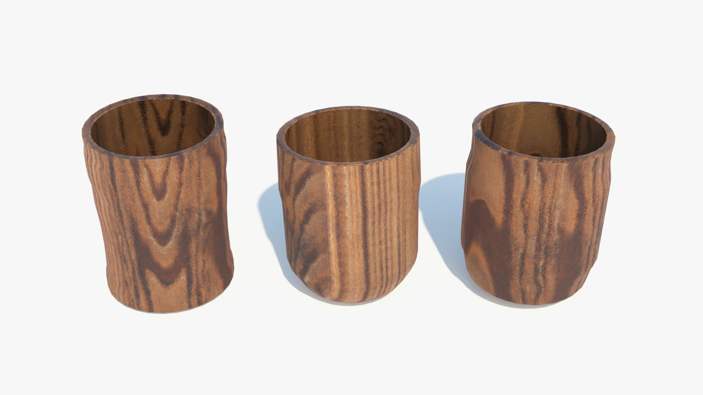 3D model of three rustic wooden cups. Each cup has different proportions, as if they had been handmade. The models have low polyount and PBR textures and look very realistic