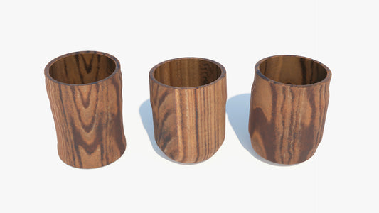 3D model of three rustic wooden cups. Each cup has different proportions, as if they had been handmade. The models have low polyount and PBR textures and look very realistic