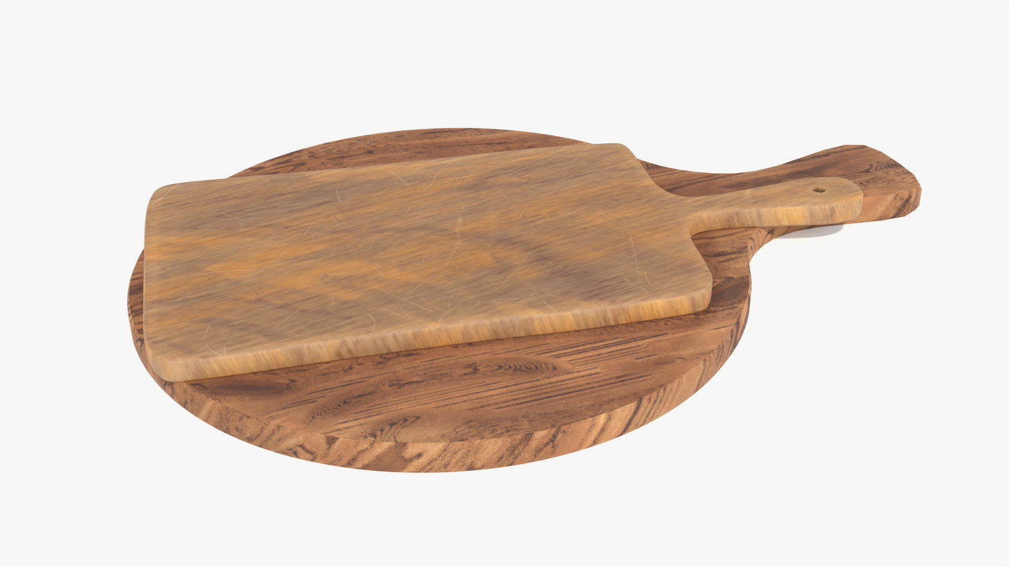 3D model of two cutting boards made of wood. They look rustic and used: one of them is rectangular, the other round, and they are arranged in a casual way. They have low polycount and PBR textures, and they look very realistic