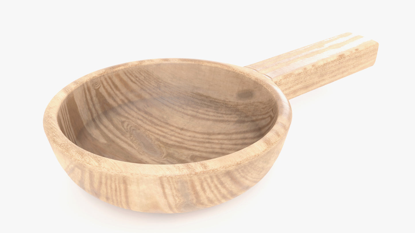 Closeup view of the spoon part of a 3D model of a ladle made of wood, rustic and also modern, it has very low polycount and PBR textures and looks very realistic
