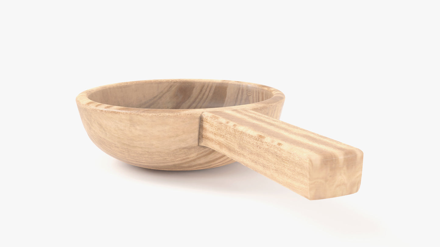 Closeup part of the handle of a 3D model of a ladle made of wood, rustic and also modern, it has very low polycount and PBR textures and looks very realistic