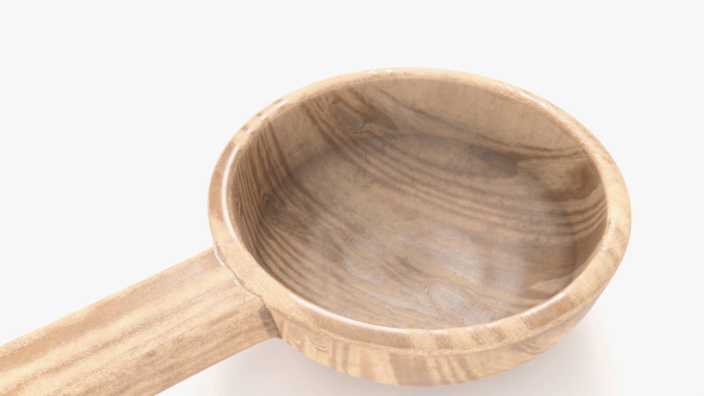 Closeup view of the spoon part of a 3D model of a ladle made of wood, rustic and also modern, it has very low polycount and PBR textures and looks very realistic