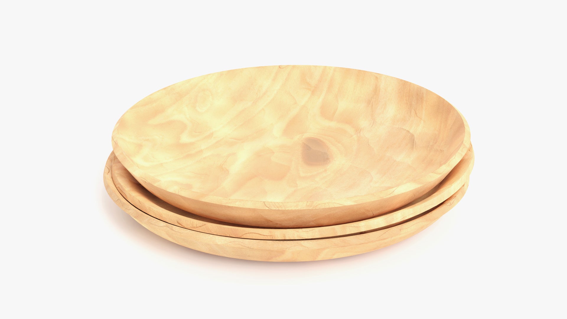 3D model of three wooden plates stacked, made of carved light wood. They have low polycount and PBR textures, and look extremely realistic