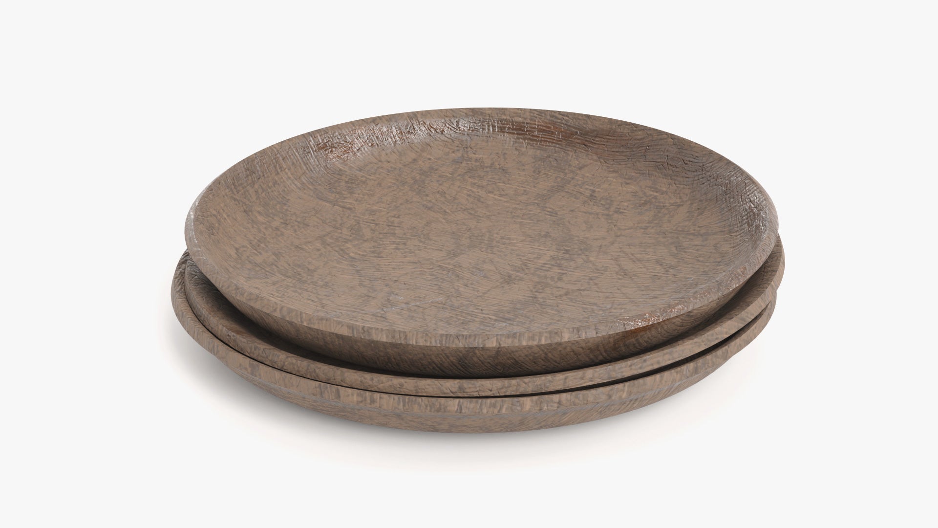 3D model of three wooden plates stacked, made of old rough wood and heavily damaged by use. They have low polycount and PBR textures, and look extremely realistic