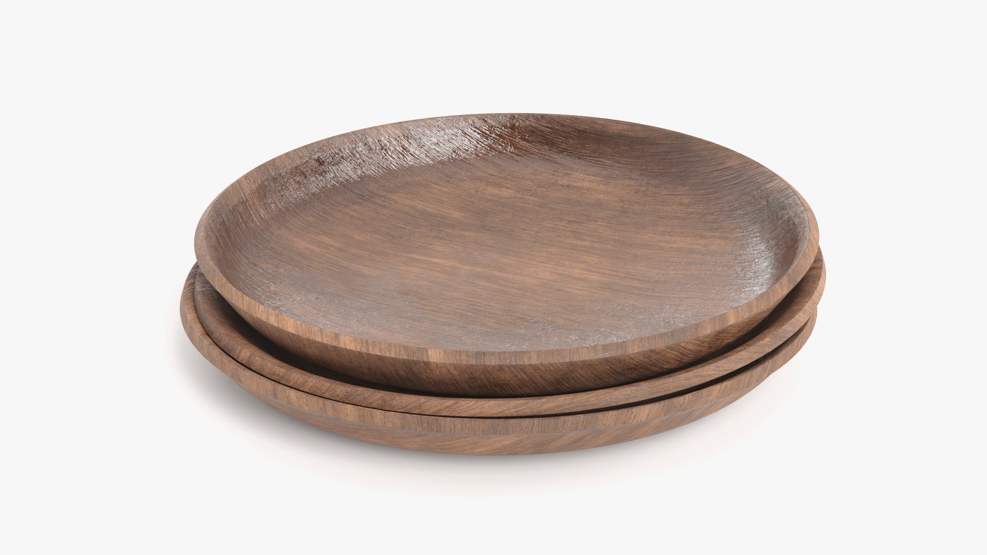 3D model of three wooden plates stacked, made of rough wood and moderately damaged by use. They have low polycount and PBR textures, and look extremely realistic