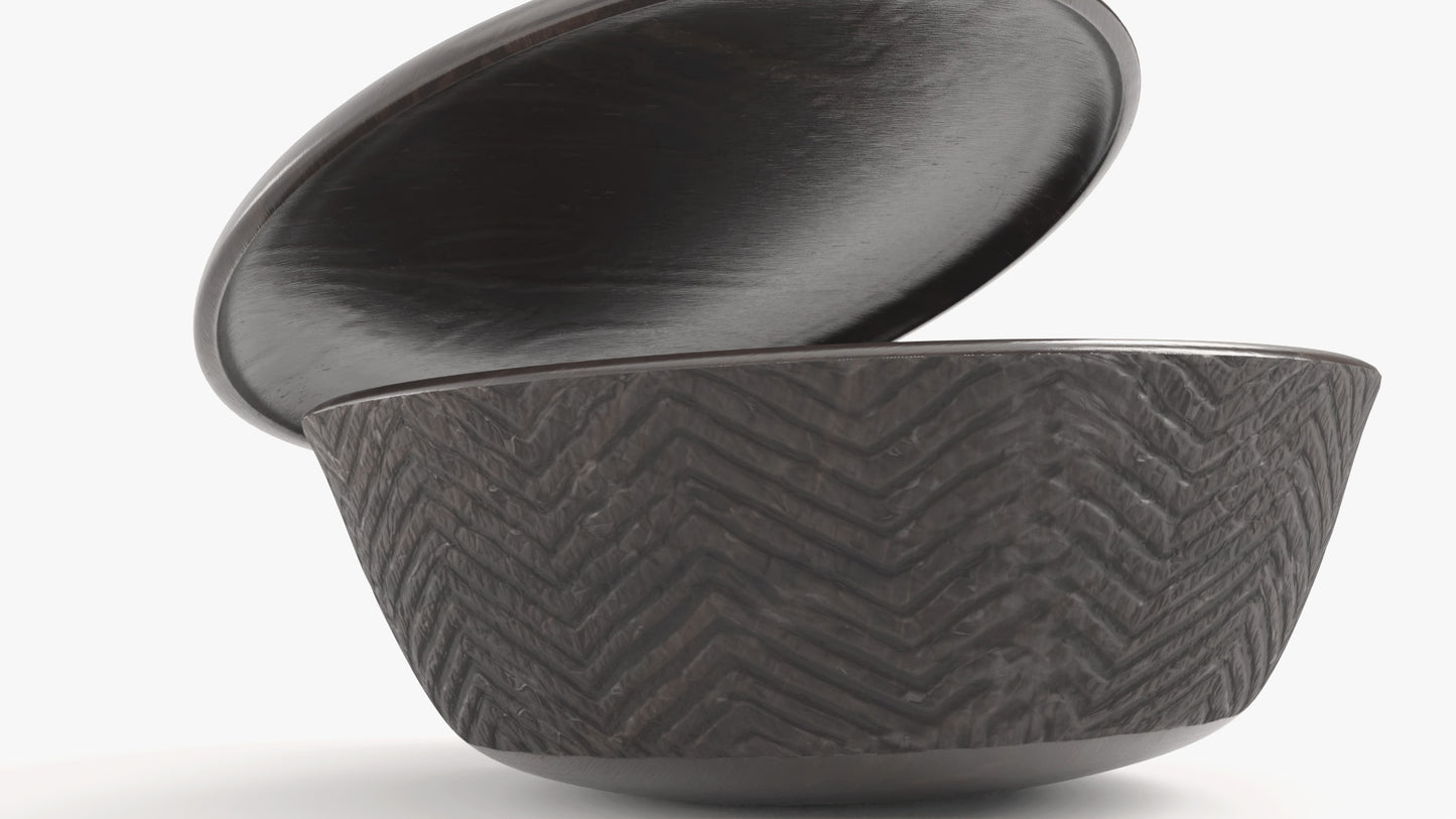 A 3D model of a wooden pot made of dark, polished wood. It has a matching lid, and modern carvings on the side that make the design very beautiful. The model has low polycount and PBR materials