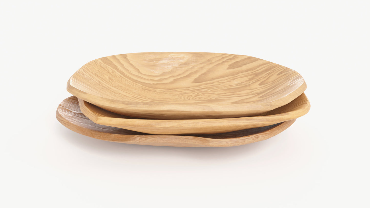 3D model of three asymmetrical plates that seem to be hand-carved, stacked on top of another. The models have low polycount, and PBR materials, so they look very realistic