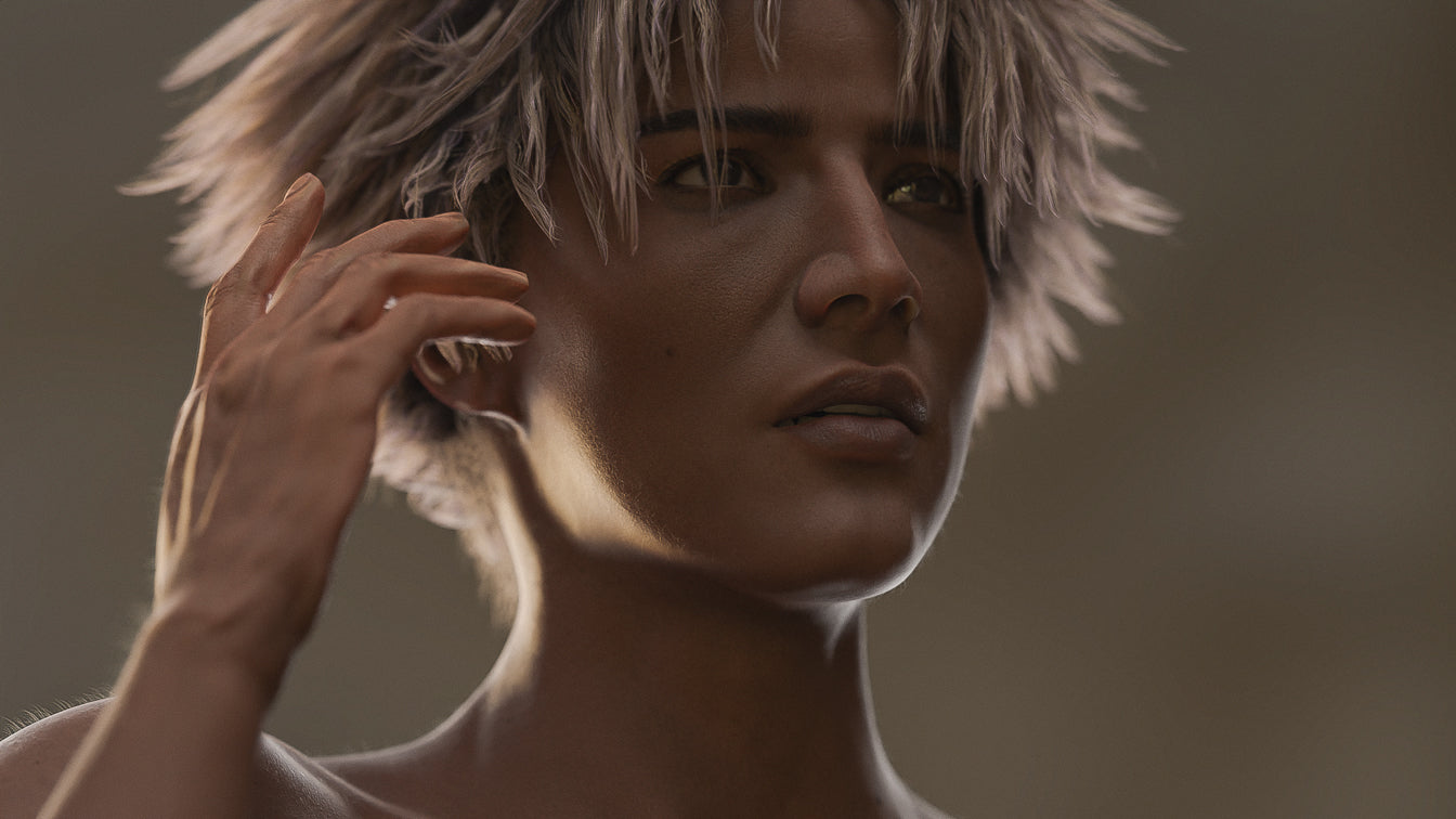 Short fan shaped J-pop idol style hair 3d model with mesh cards, lowpoly, realtime, pbr materials, and compatible with Transhuman4Blender