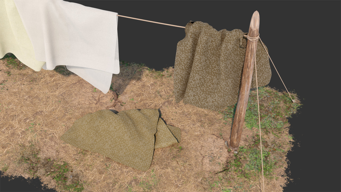 Medieval clothesline with laundry 3d model for Blender, OBJ and PBR textures with lowpoly count