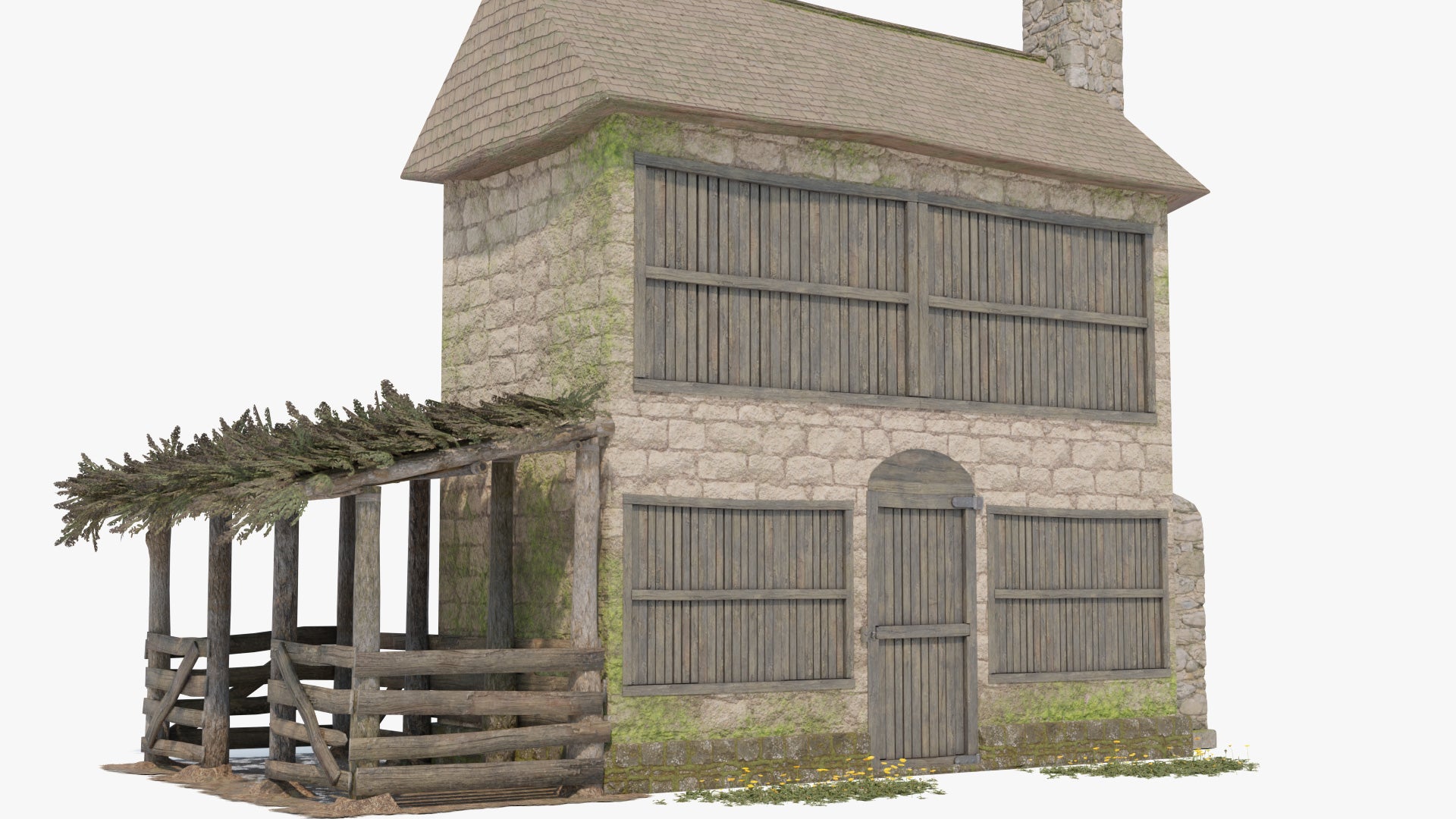 Medieval rustic house with galician style horreo doors & windows 3d model for Blender and OBJ with PBR textures