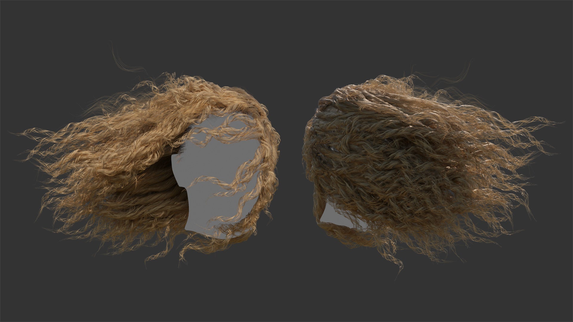 Medium curly hair animated with cloth dynamics mesh cards 3d model for Blender and OBJ with PBR textures