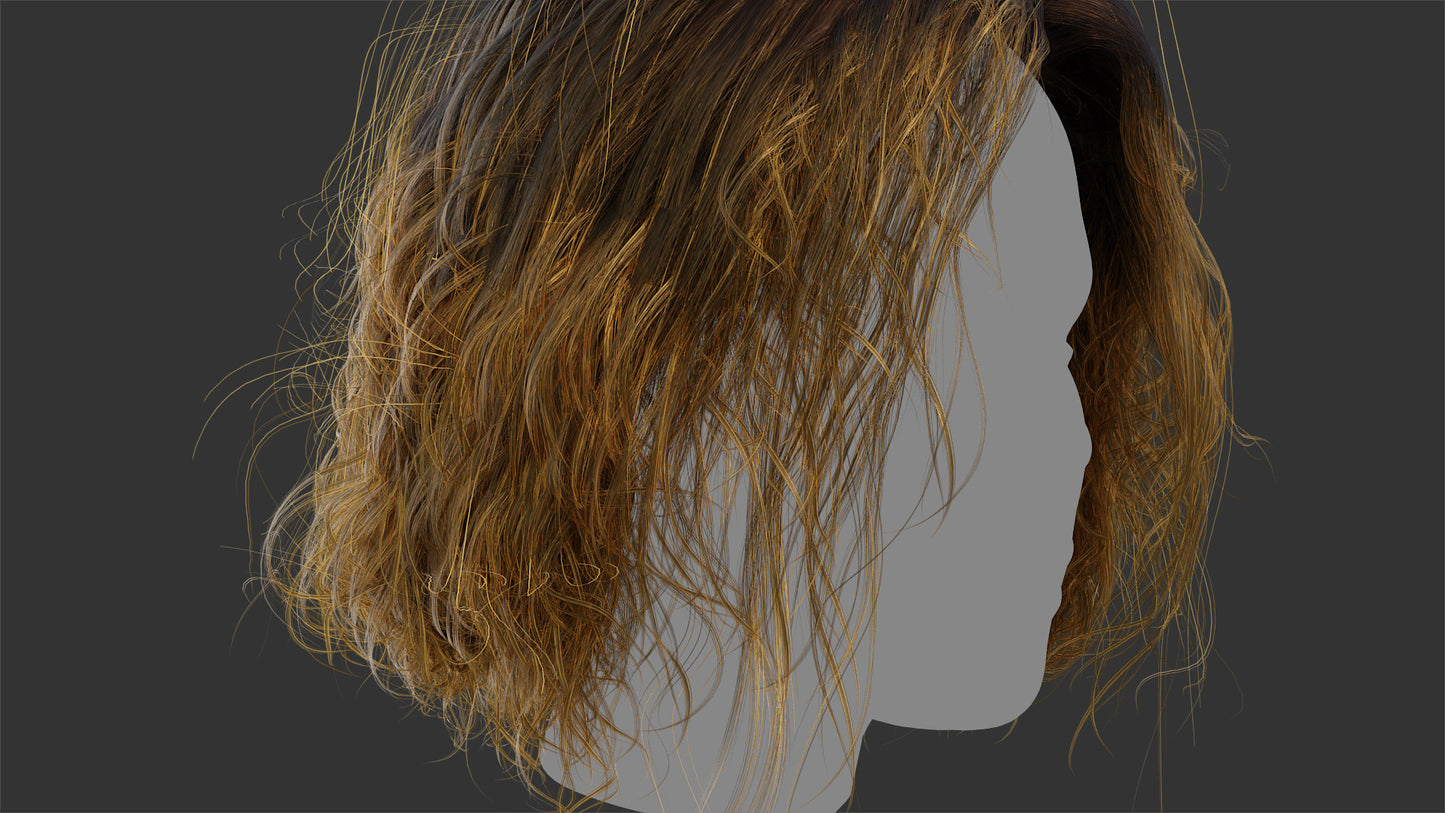 Real-time 3D hair mesh cards short wavy curls for Blender and OBJ with PBR textures