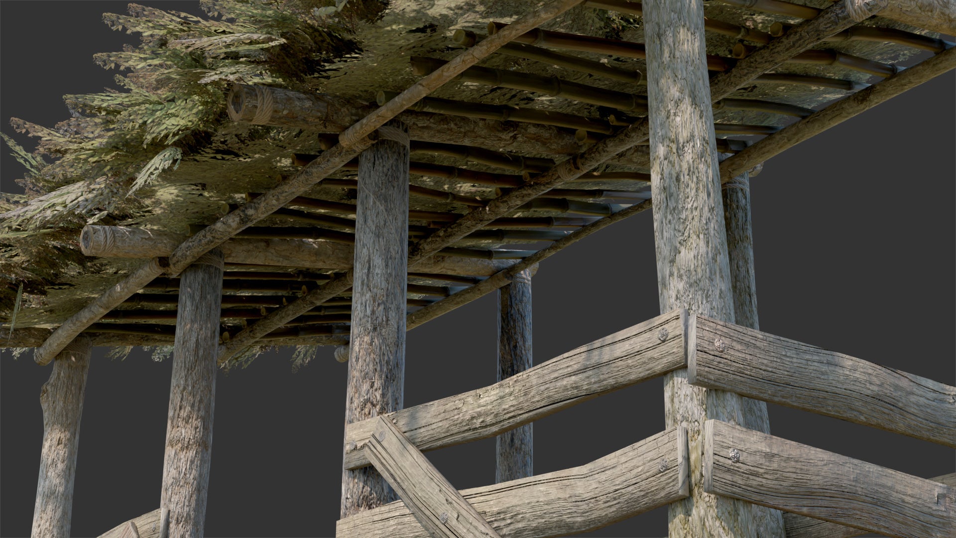 Small medieval barn attachment made of wood with a leaf roof. 3D model for Blender and OBJ with PBR textures and lowpoly