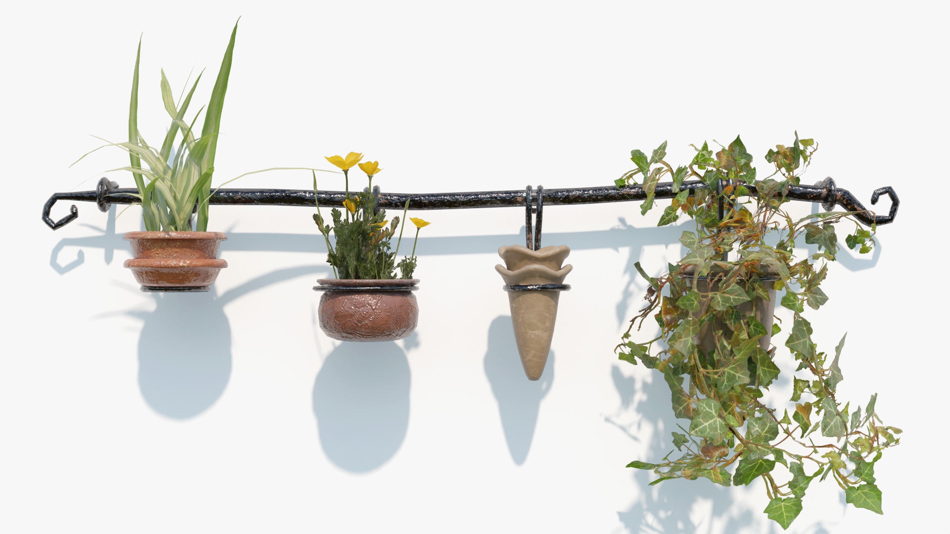 Wall iron rack with planters 3d model Blender and OBJ with PBR textures and low polycount