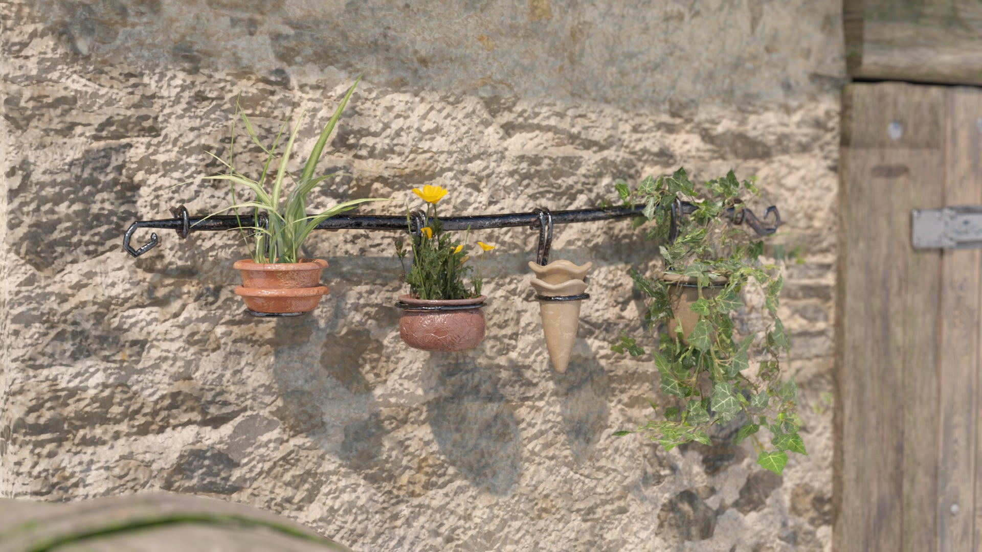 Wall iron rack with planters 3d model Blender and OBJ with PBR textures and low polycount