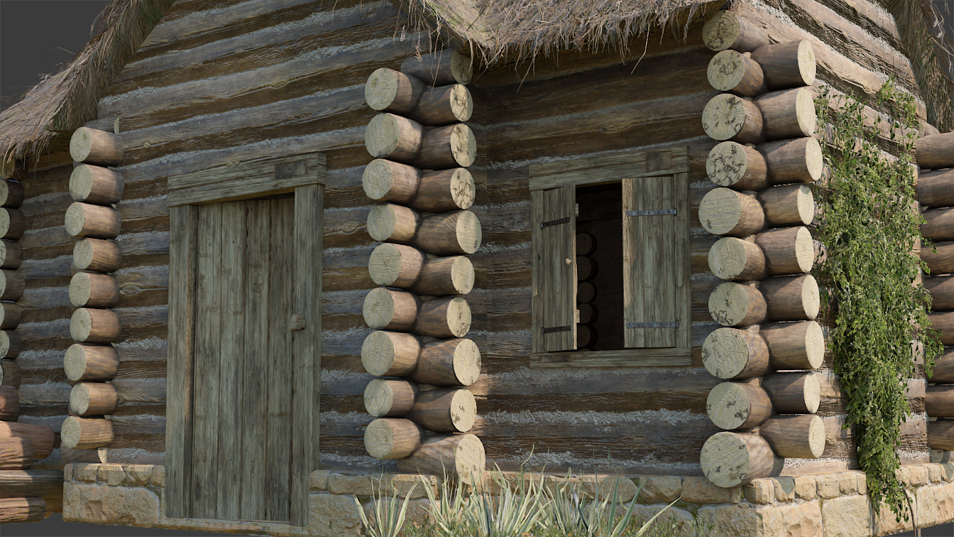Medieval log house, wooden cabin, country hut 3d model for Blender and OBJ with PBR textures and low polycount