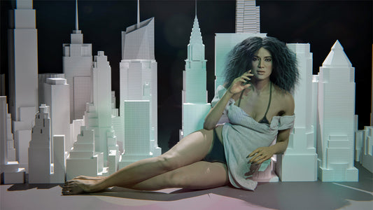 Asian model posing in a fashion photography leaning on the buildings of Manhattan