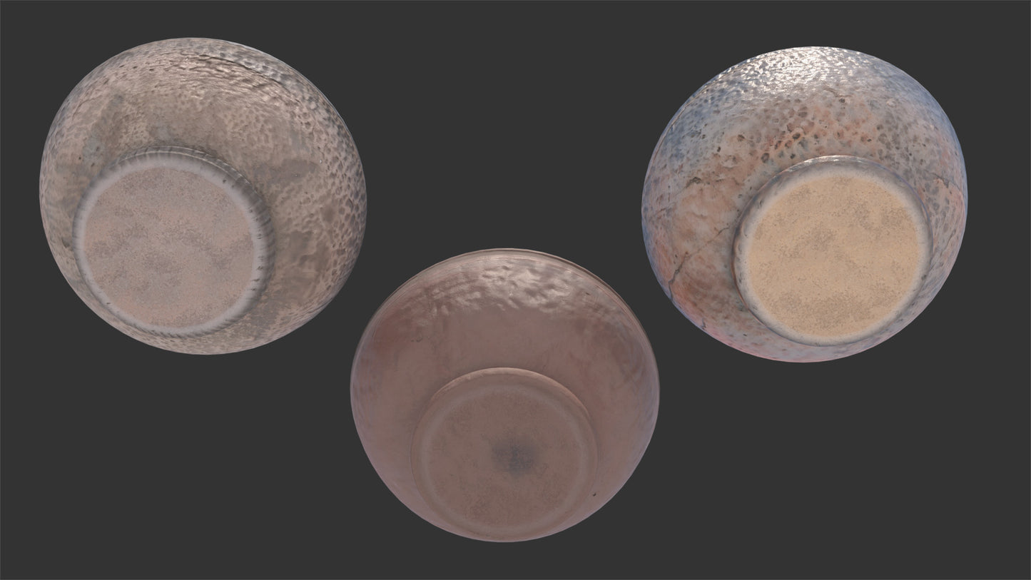 3D model of three almond shaped clay vessels, as seen from the bottom, two of the rough and one of them painted with enamel, they have very rich textures that seem scratchy but also smooth. Low polycount and PBR textures make the render look hyper realistic