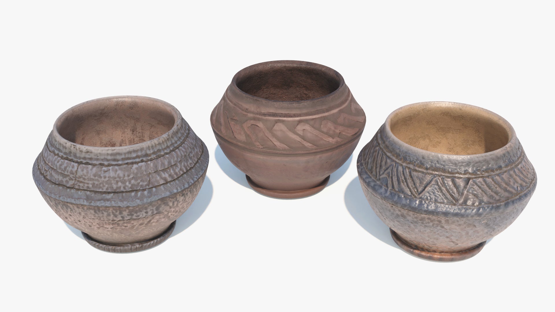 3D model of three almond shaped clay vessels, two of the rough and one of them painted with enamel, they have very rich textures that seem scratchy but also smooth. Low polycount and PBR textures make the render look hyper realistic