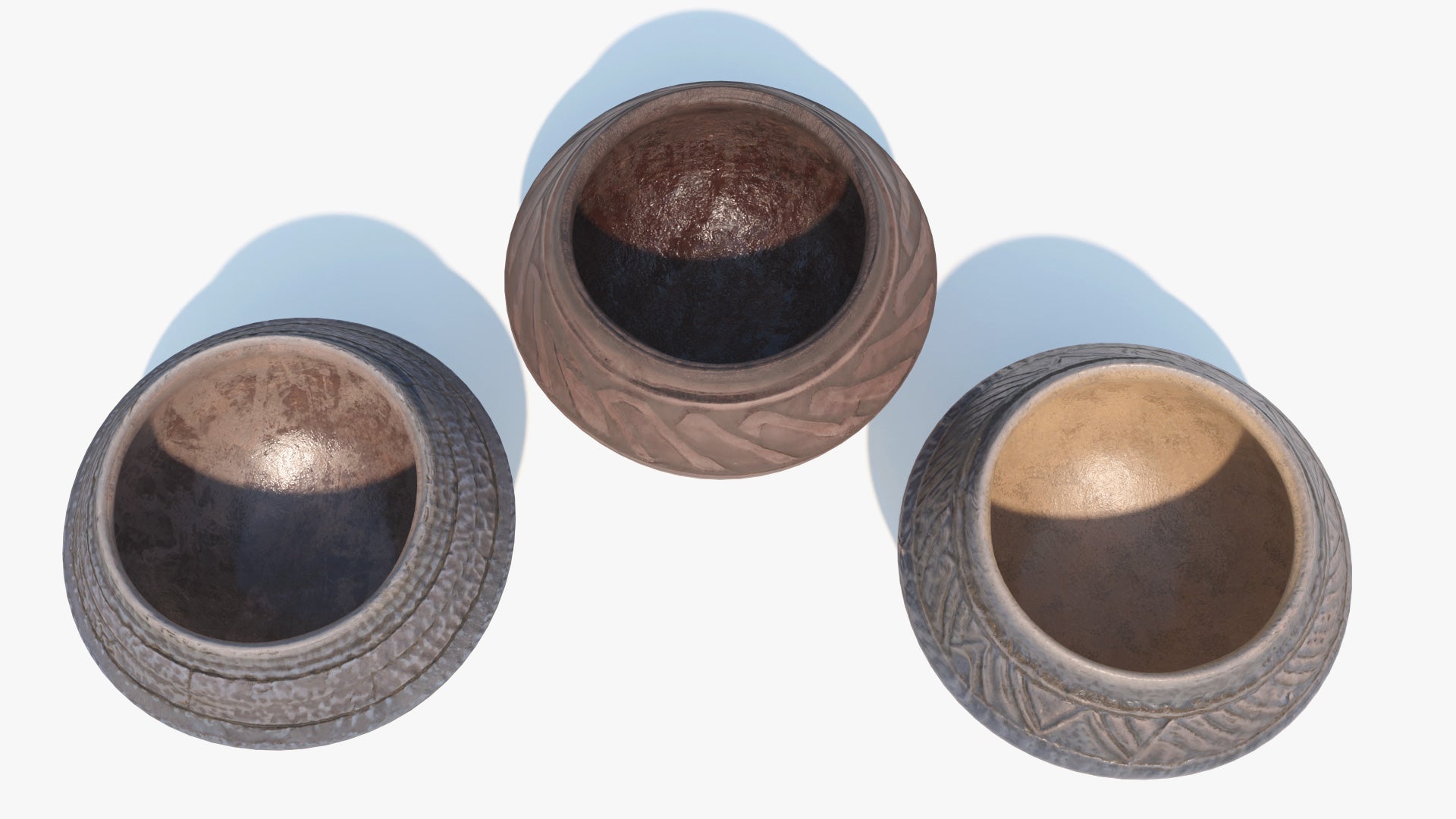 3D model of three almond shaped clay vessels, as seen from the top, two of the rough and one of them painted with enamel, they have very rich textures that seem scratchy but also smooth. Low polycount and PBR textures make the render look hyper realistic