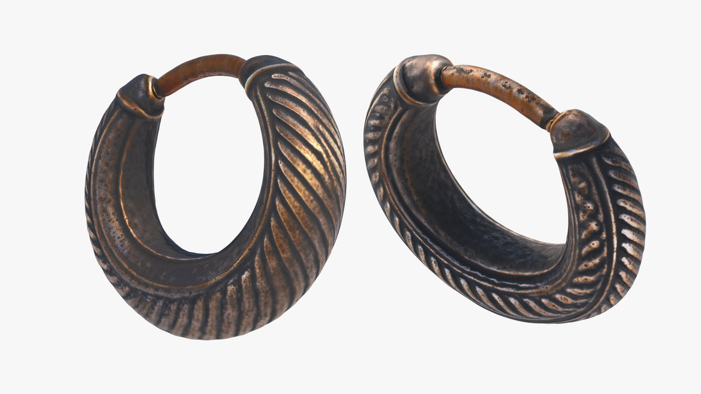 3D model of an ancient earing loop. It's made of antique gold and has a simple design with geometrical patterns along the loop. The model has low polycount and PBR shading, perfect for games