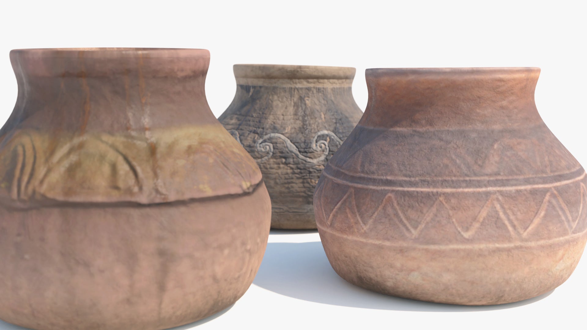Closeup view of a 3D model of three ancient vessels made of clay, with different designs and a very handmade and weathered appearance. They model have low polycount and PBR textures, and for that, they look very realistic