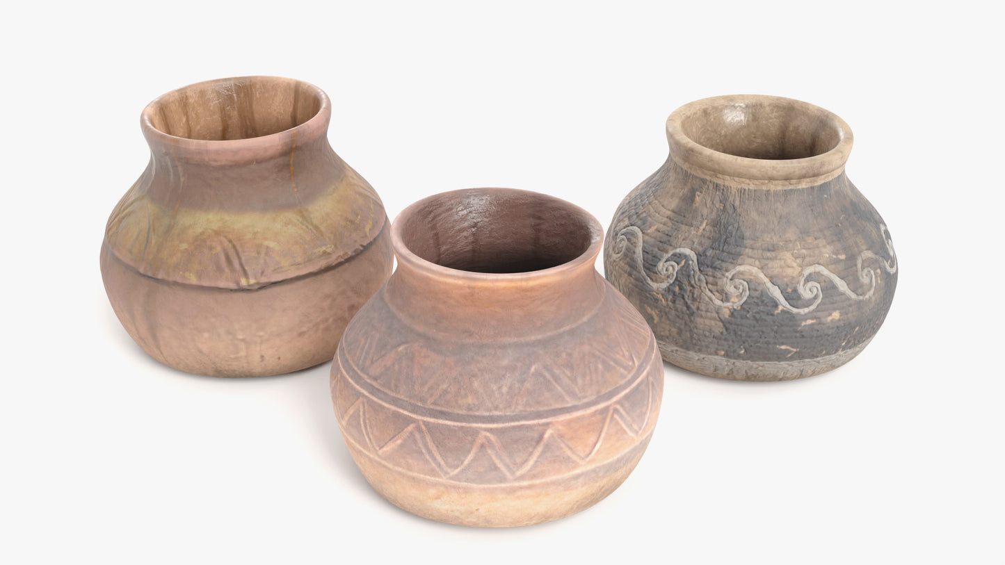 3D model of three ancient vessels made of clay, with different designs and a very handmade and weathered appearance. They model have low polycount and PBR textures, and for that, they look very realistic