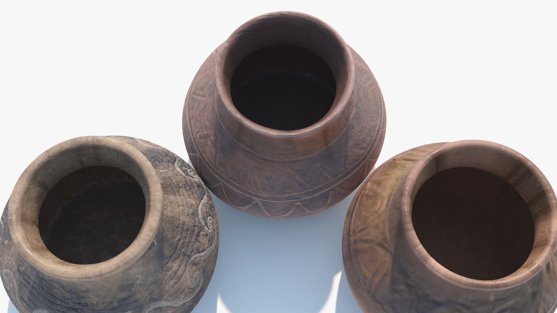 Top view of a 3D model of three ancient vessels made of clay, with different designs and a very handmade and weathered appearance. They model have low polycount and PBR textures, and for that, they look very realistic
