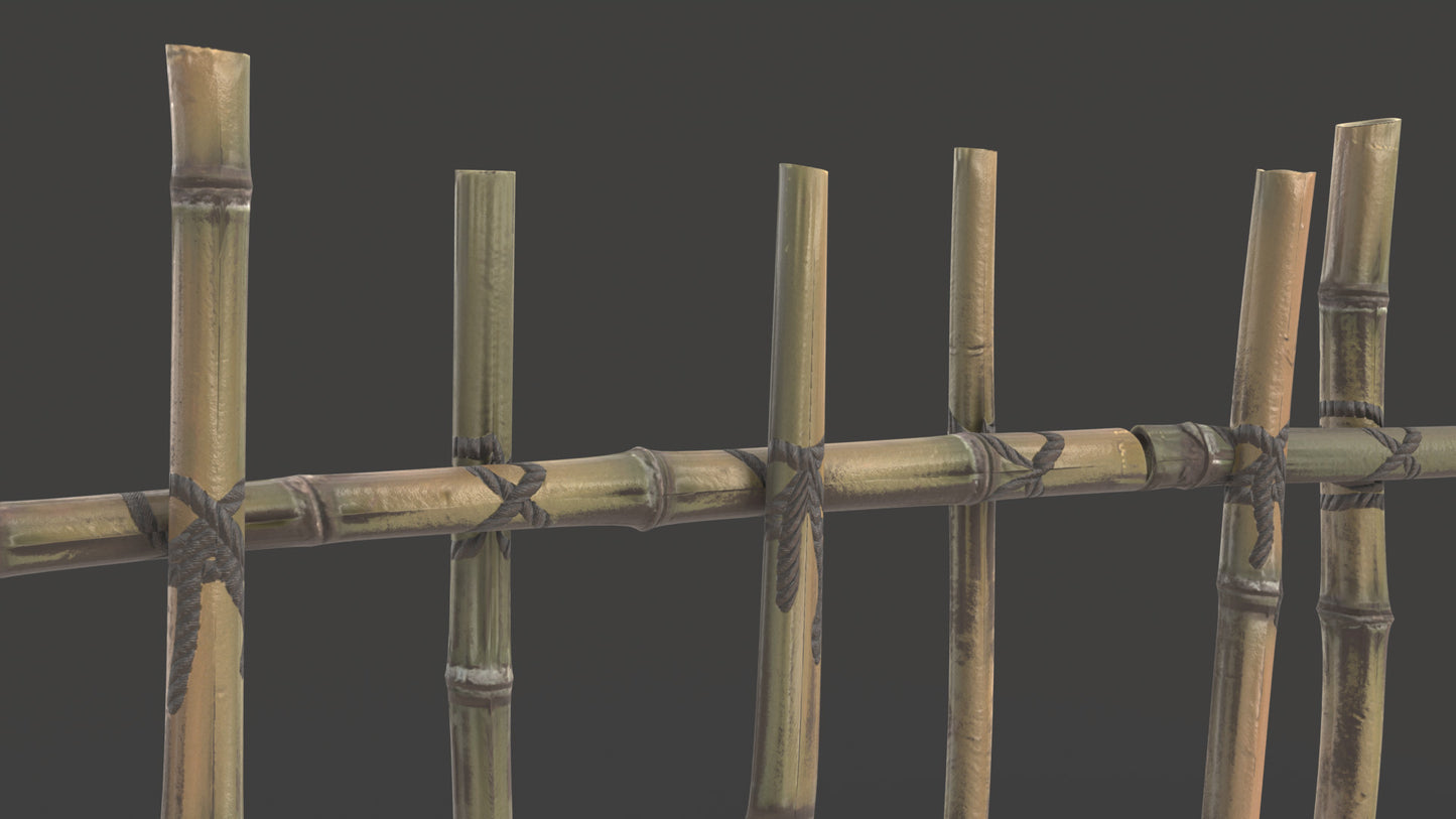 Japanese style bamboo fence 3D model, low-poly and PBR textures, is modular and can be shaped through a curve modifier