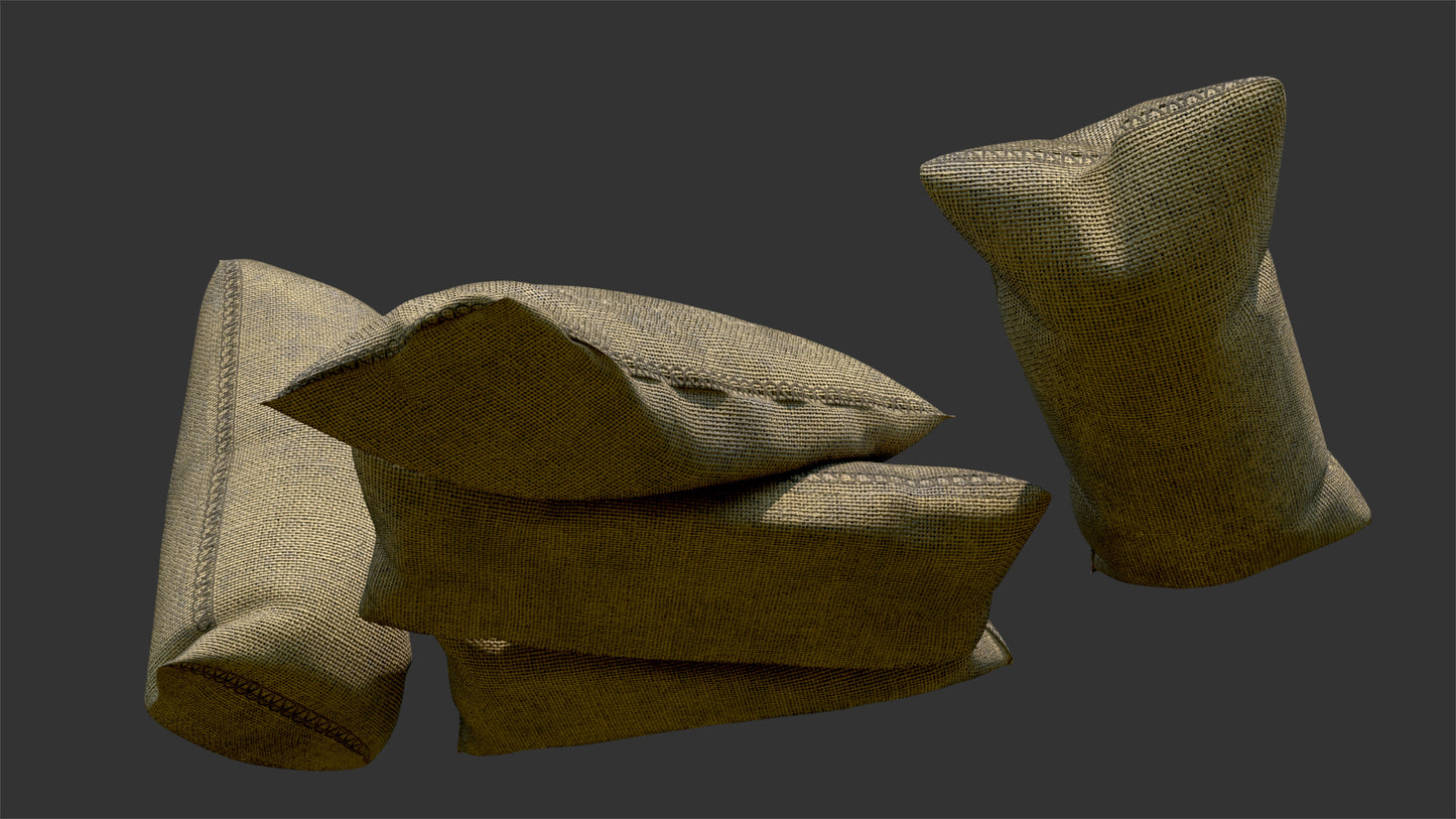 Burlap sacks for grain or merchants, 3D model for Blender and OBJ with lowpoly and PBR textures by Heledahn