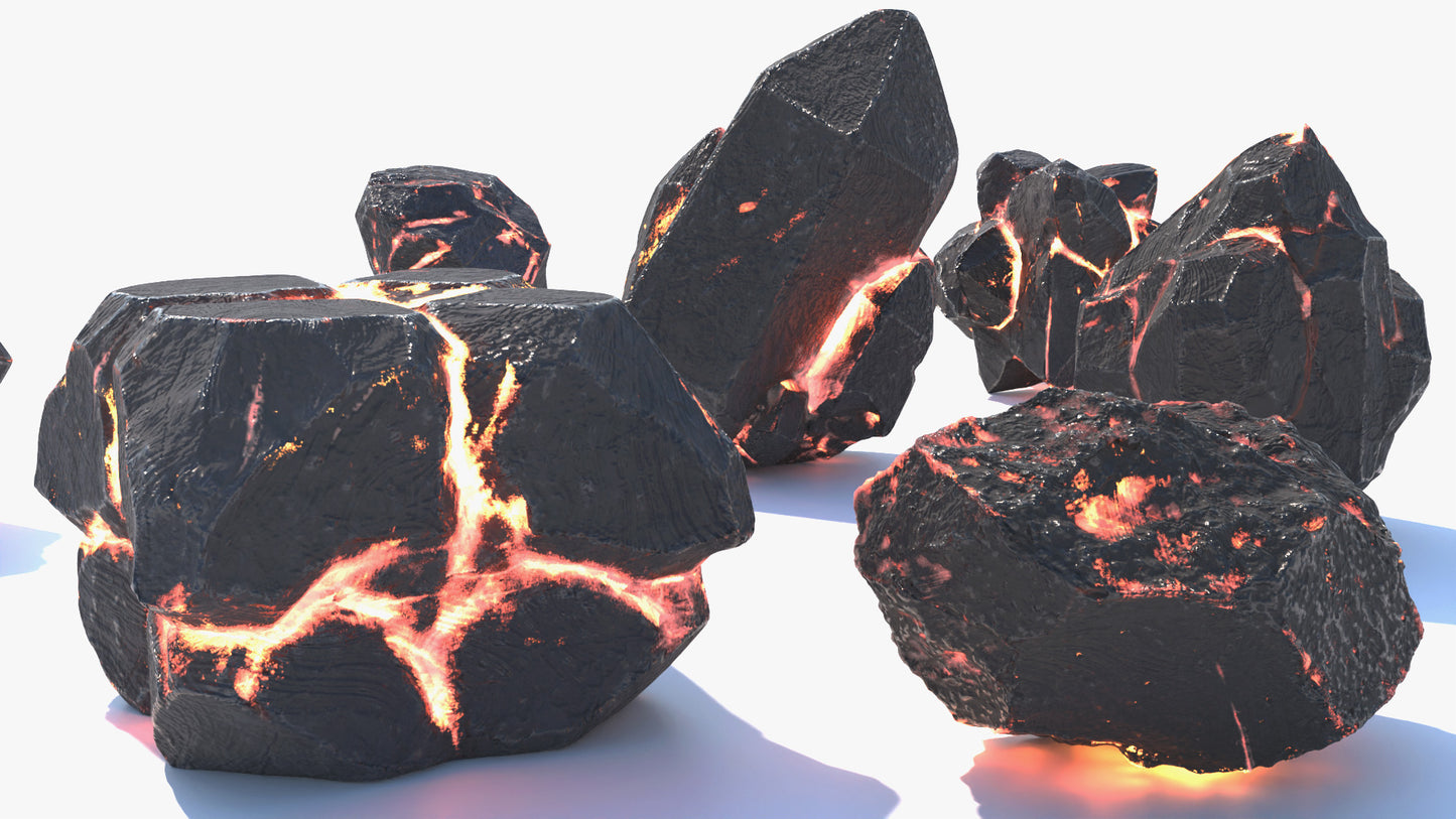 3D model of a set of fantasy volcanic stones, with seven unique rock shapes, each made of dark, rough stone with glowing cracks of molten orange light running through them. Lowpoly and PBR textures makes this perfect for games and cinematics