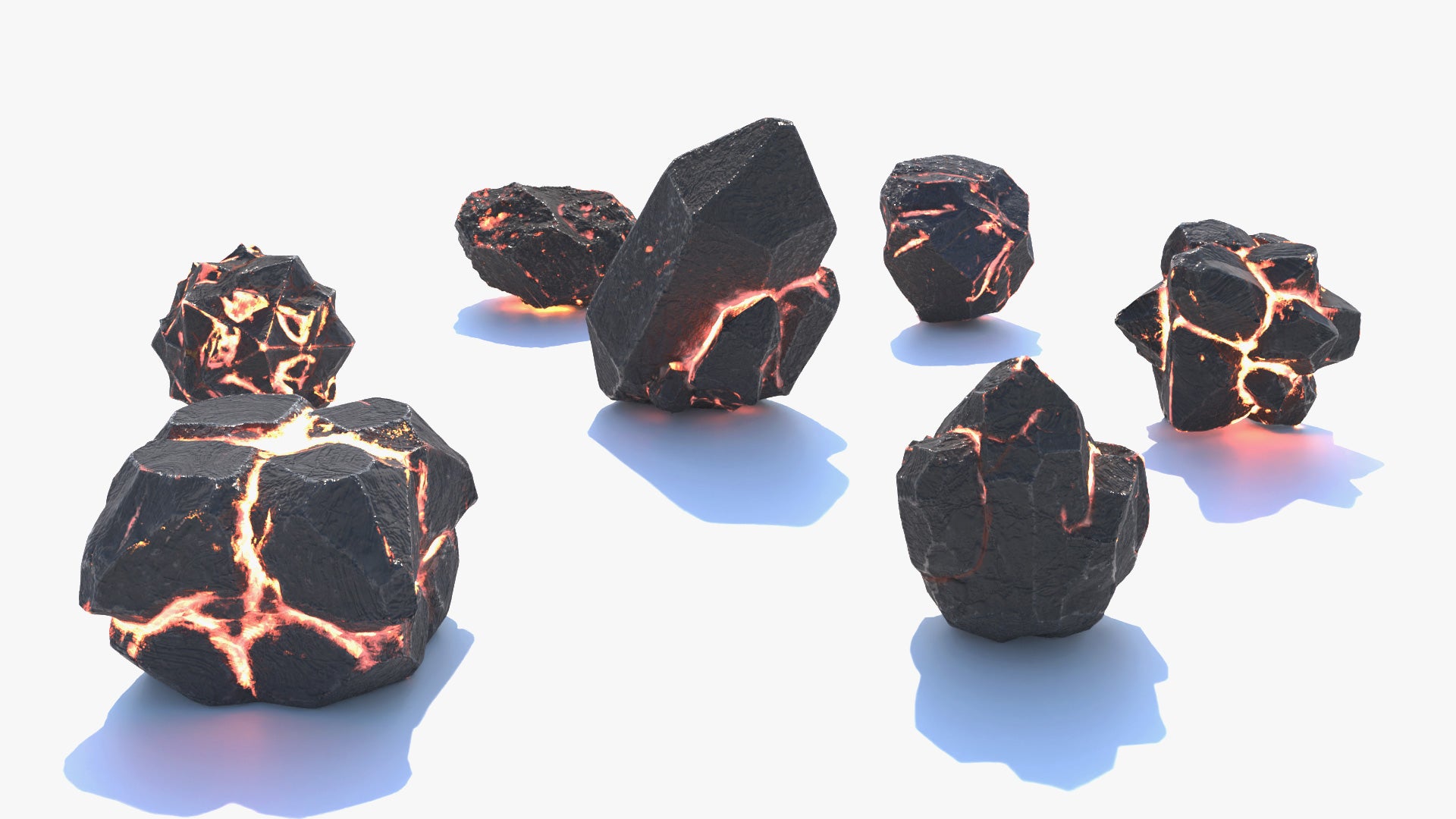 3D model of a set of fantasy volcanic stones, with seven unique rock shapes, each made of dark, rough stone with glowing cracks of molten orange light running through them. Lowpoly and PBR textures makes this perfect for games and cinematics