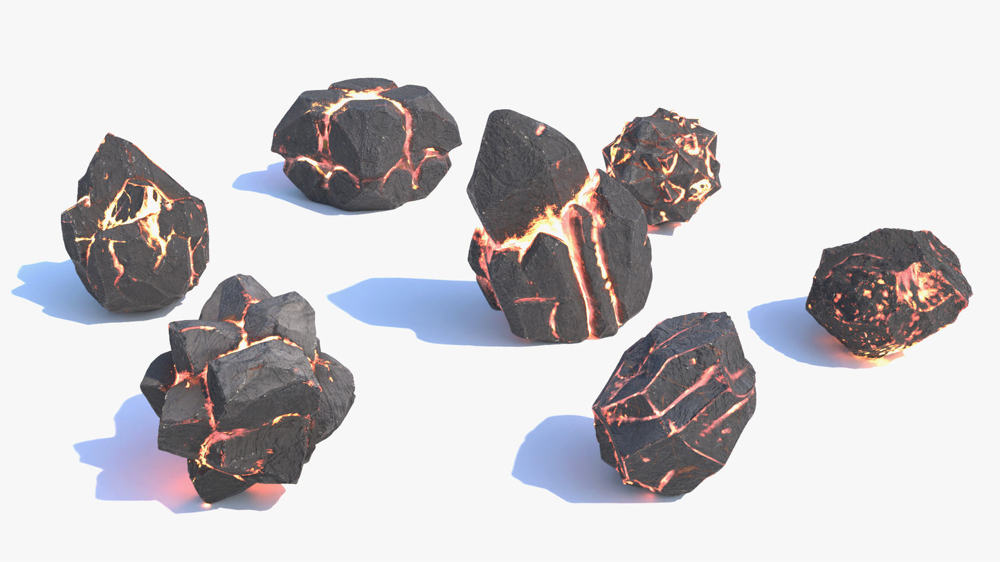 3D model of a set of fantasy volcanic stones, with seven unique rock shapes, each made of dark, rough stone with glowing cracks of molten orange light running through them. Lowpoly and PBR textures makes this perfect for games and cinematics