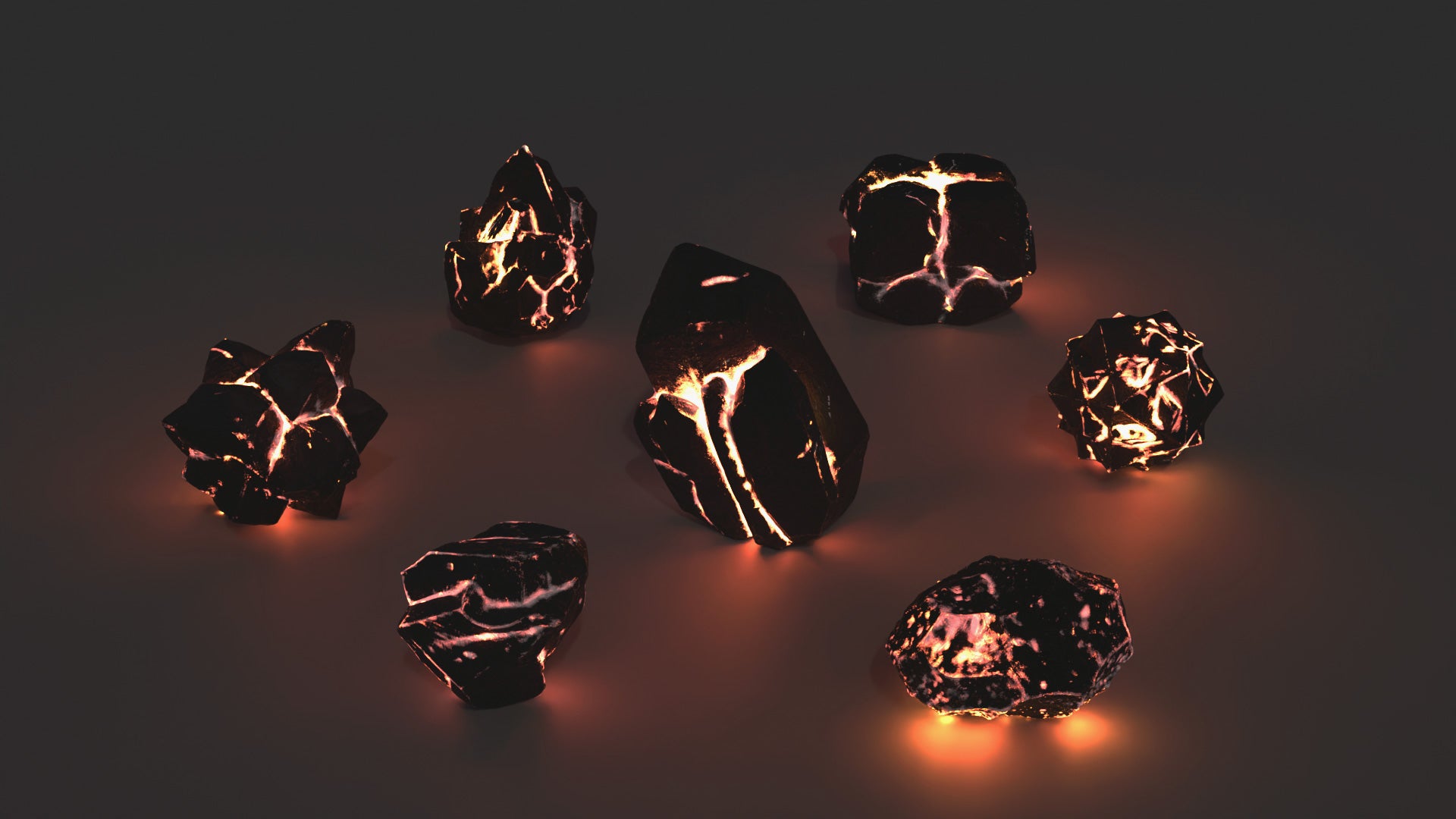 3D model of a set of fantasy volcanic stones, with seven unique rock shapes, each made of dark, rough stone with glowing cracks of molten orange light running through them. Lowpoly and PBR textures makes this perfect for games and cinematics