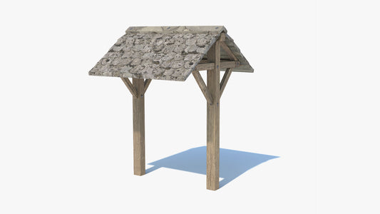 Wooden gazebo (double slope awning) with a roof on a white background. Game ready 3D model with low poly count and PBR materials