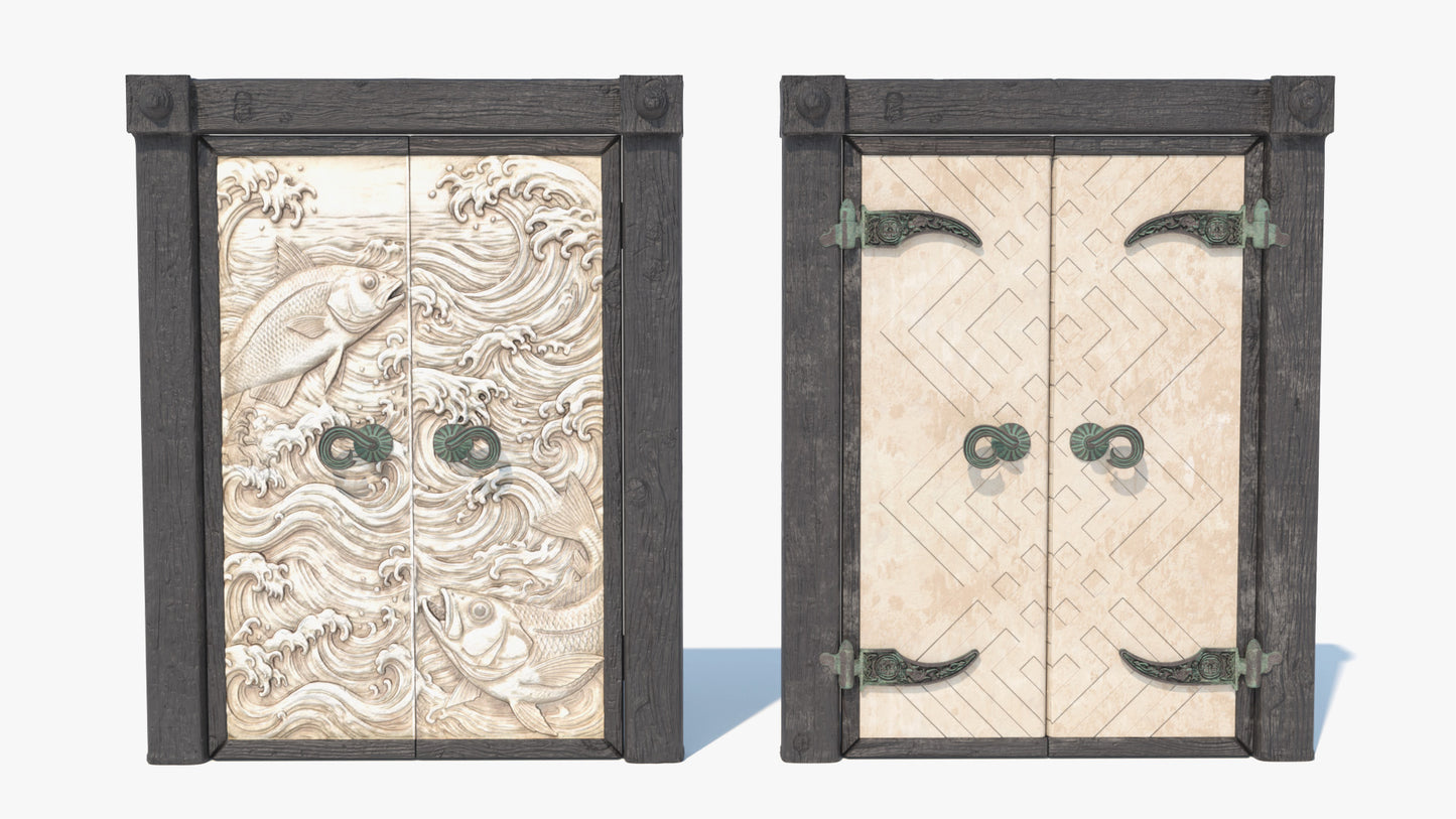 Decorative wooden doors with intricate carvings and metal handles, 3D model, game asset, lowpoly