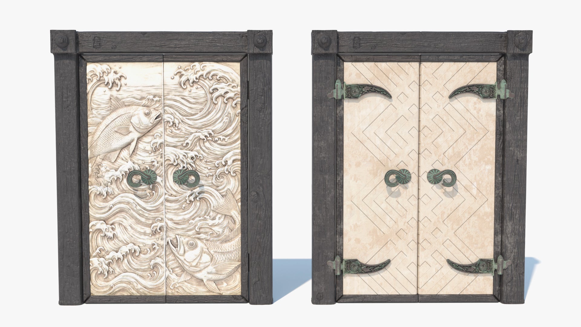 Decorative wooden doors with intricate carvings and metal handles, 3D model, game asset, lowpoly
