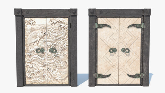 Decorative wooden doors with intricate carvings and metal handles, 3D model, game asset, lowpoly