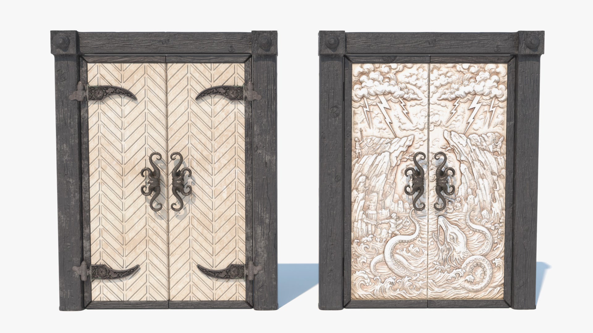 Decorative wooden doors with intricate carvings and metal handles, 3D model, game asset, lowpoly