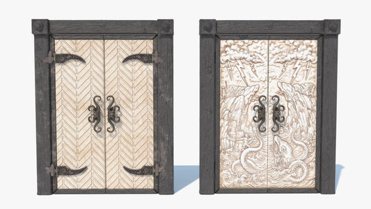 Decorative wooden doors with intricate carvings and metal handles, 3D model, game asset, lowpoly
