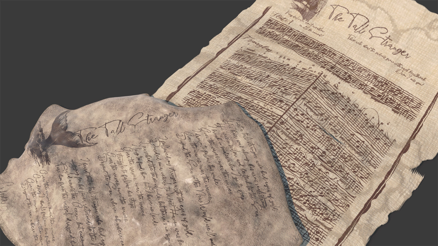 a 3D model of two medieval fantasy parchments, one made of paper and the other made of worked leather. The parchments have thge lyrics of the song along sketches of the sides, and the chords for a fantasy instrument