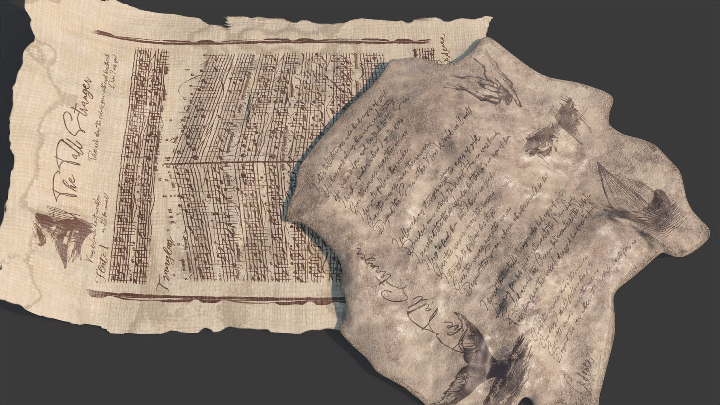 a 3D model of two medieval fantasy parchments, one made of paper and the other made of worked leather. The parchments have thge lyrics of the song along sketches of the sides, and the chords for a fantasy instrument