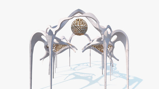 Modern futuristic building structure in art nouveau style, it has thin, organic columns, with golden mesh vaults and a floating jeweled sphere in the center, 3d model